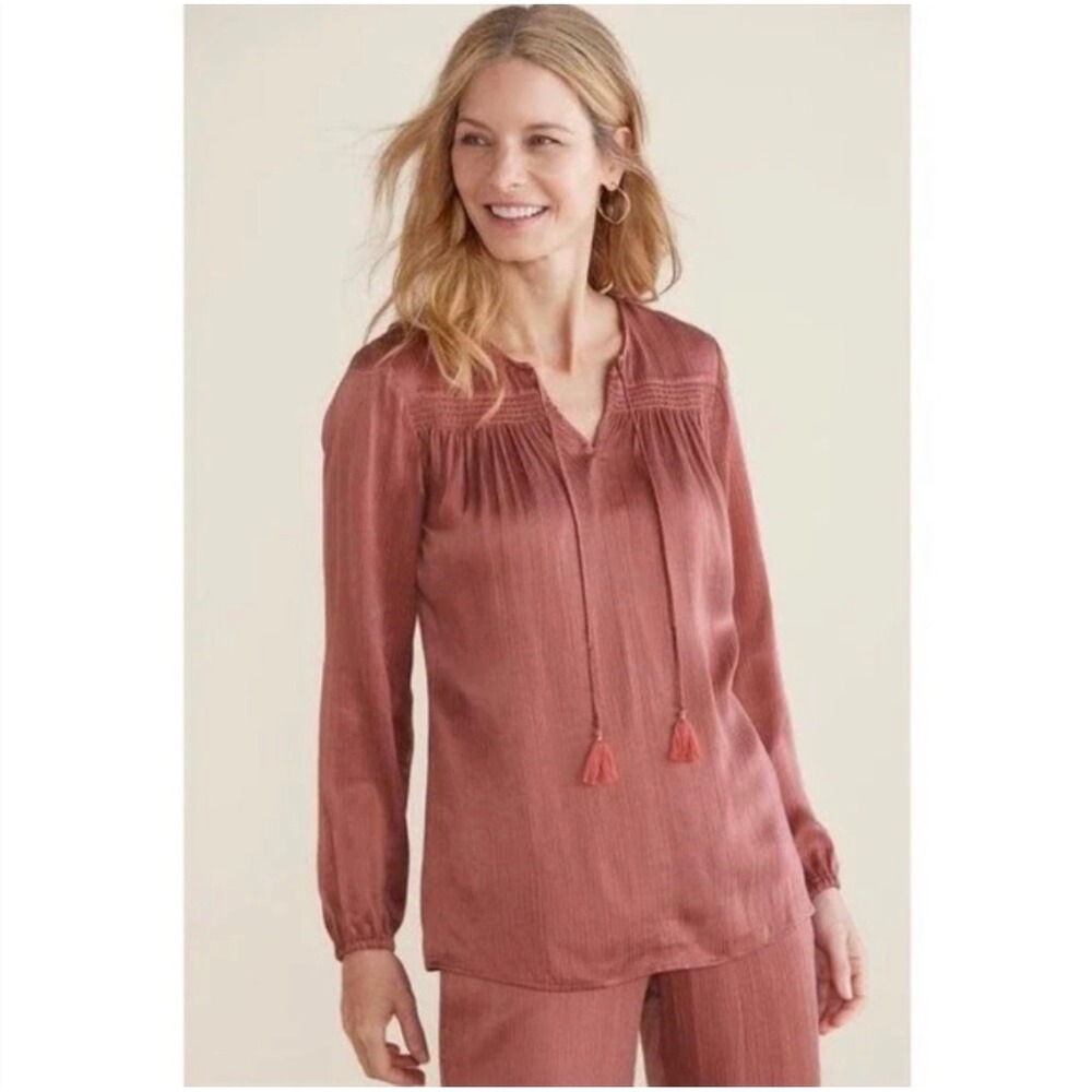 Soft Surroundings‎ Lumi Blouse Cupro Rayon Crinkle Tassel Tie Top Small